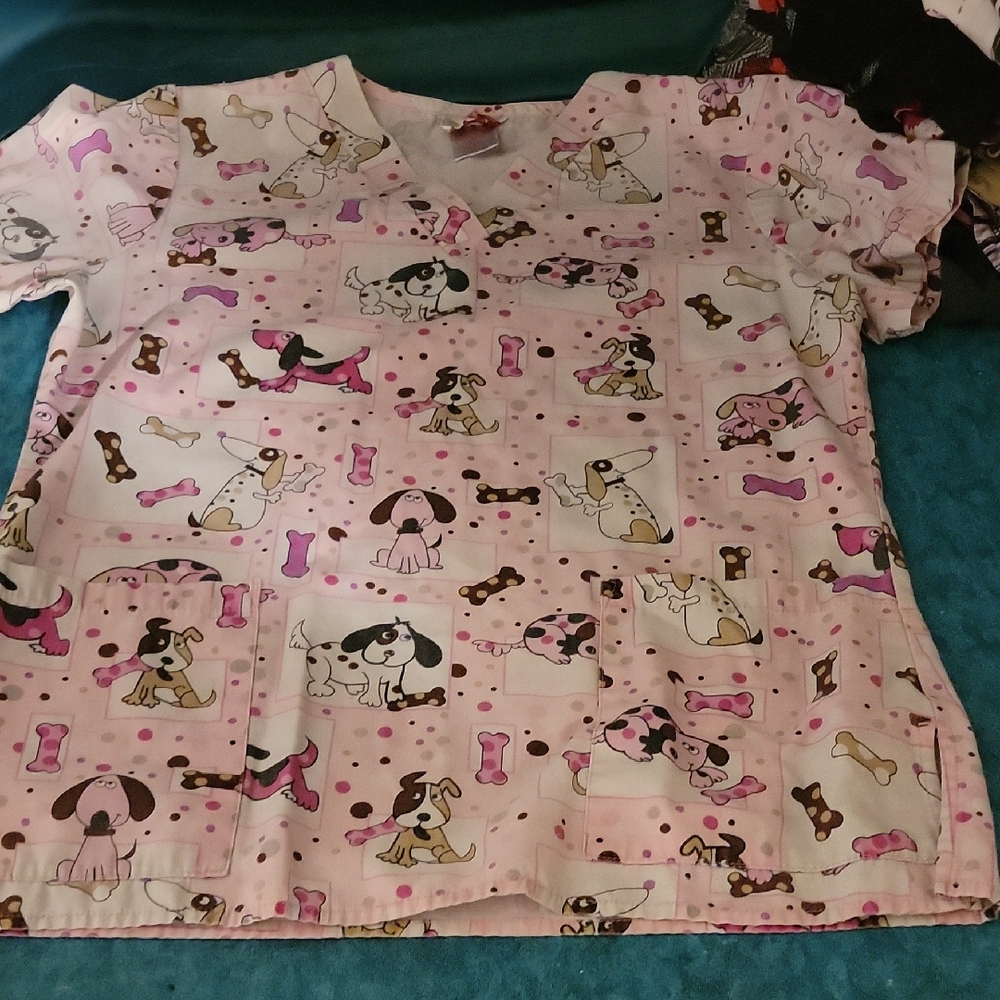 Woman White Cross Dog Pattern Scrub Top - Pink and Brown